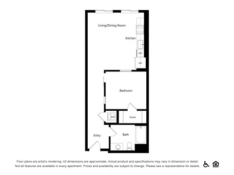 Floor plan for 1 bed, 1 bath, 674 sqft